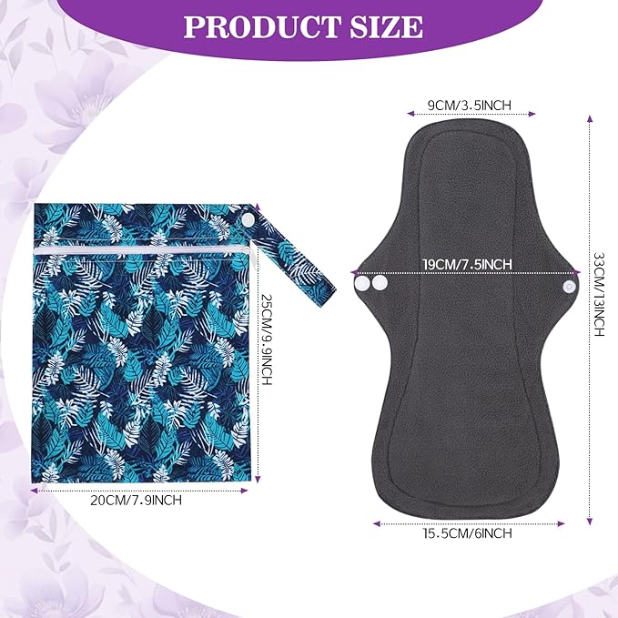 PHOGARY Reusable Menstrual Pads, Washable Overnight Cloth Panty Liners, 7pcs Bamboo Cloth Large Sanitary Pads for Heavy Flow with 1pc Wet Bag