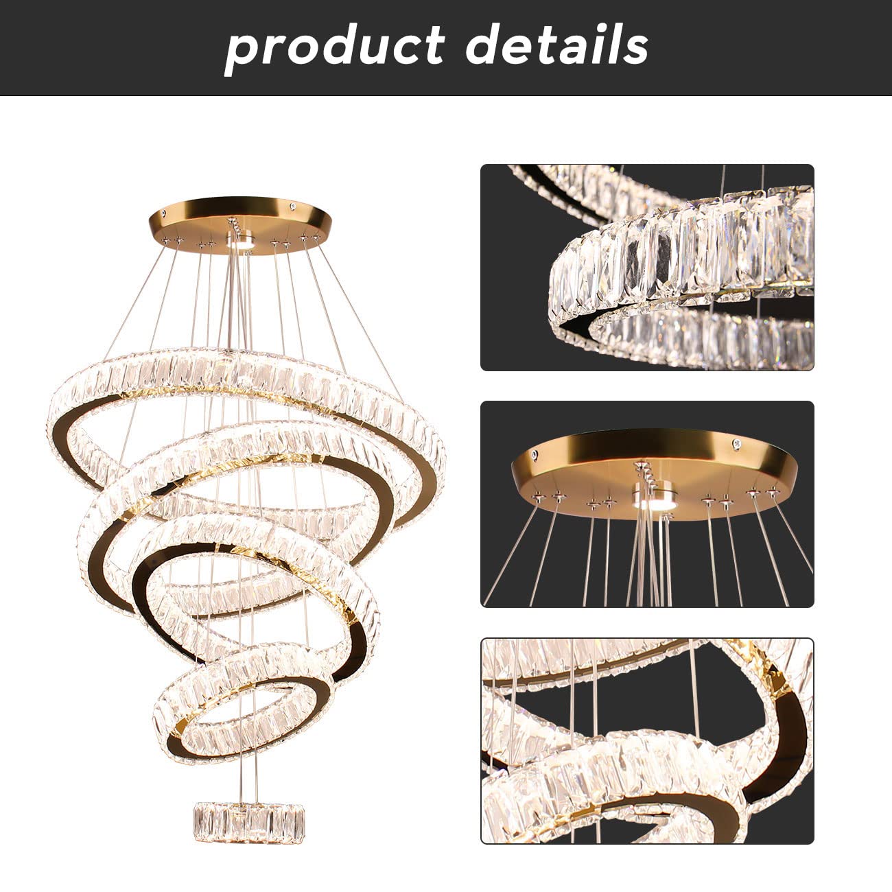 Dixun LED Big Crystal Chandeliers Modern 5 Rings Pendant Light Adjustable Ceiling Light for Bedroom Dinning Room Kitchen (Multicolor,Control by Switch)