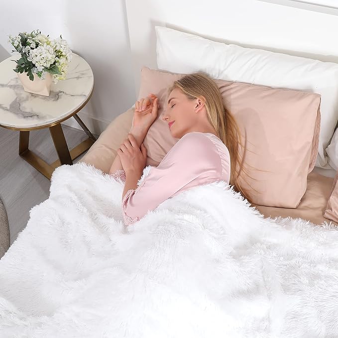 Tuddrom Decorative Extra Soft Faux Fur Blanket Queen Size 80"x90",Solid Reversible Fuzzy Fluffy Plush Fur Blanket for Couch Sofa Bed,Pure White