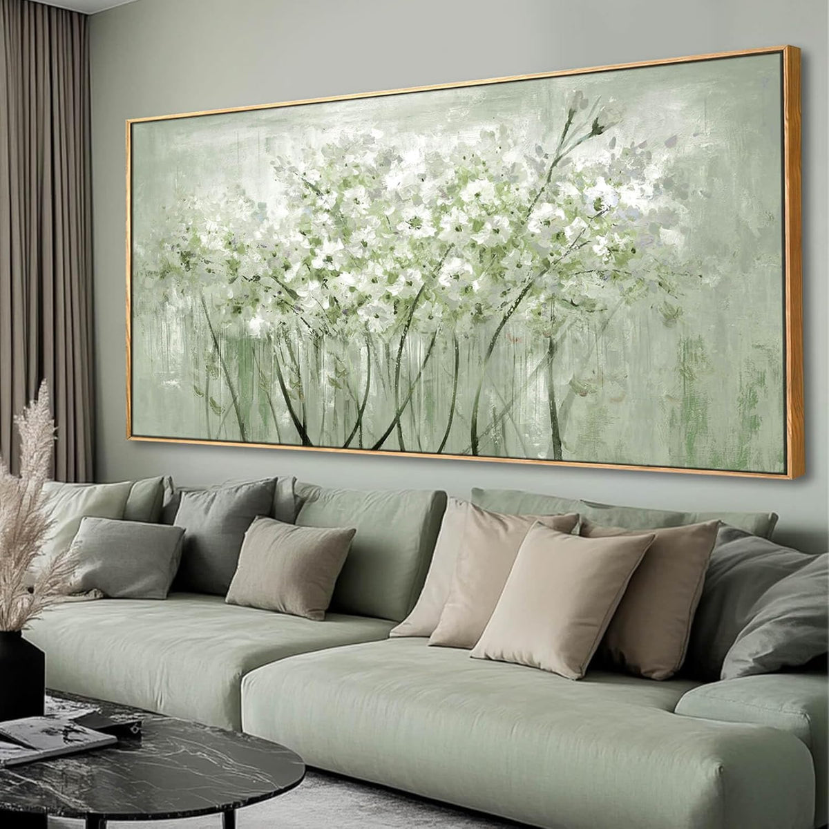 Framed Green Flower botanical Canvas Wall Art 29"x58" Modern Botanical Poster Artwork for Bedroom Living Room Office Kitchen Decor