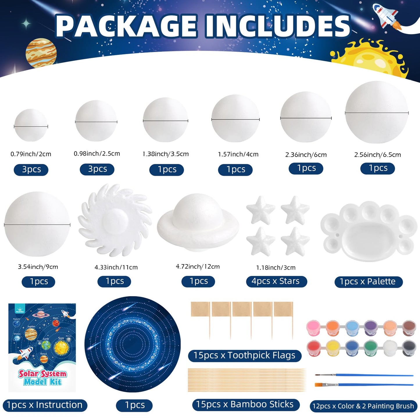 64 PCS Solar System Project Kit, Solar System Model Kit with 13 Mix Foam Balls, Solar System Toys for Kids 3-5, Learn Planets Science Kit School Project Supplies of Bamboo Sticks, Flags, Brushes
