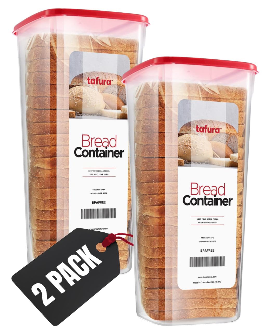 Tafura Bread Container - 2 Pack BPA Free Plastic Bread Box - Container/Holder for Homemade Loaves and Baked Goods with Red Airtight Lid