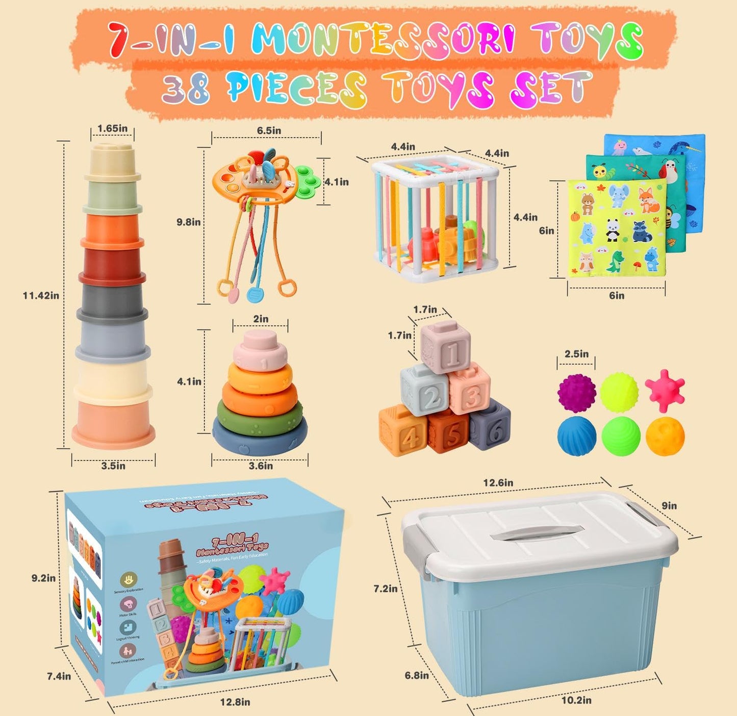 Baby Toys 6 to12 Months, 7 in-1 Montessori Toy for 6-9-12-18 Month Old with Pull String Toy, Sensory Bin Toys, Stacking Baby Blocks & Soft Infant Ring & Sensory Ball, Stacking Cups for Toddler 1-3Gift