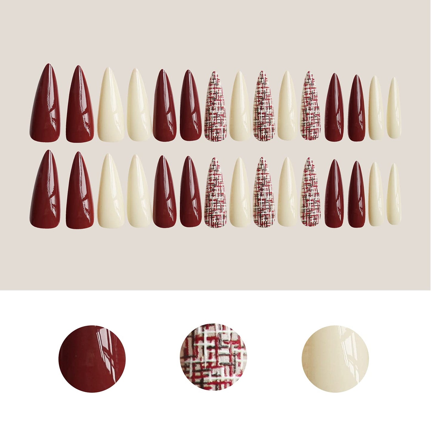 Solid Color Long Pointed Press on Nails, 30 PCS Fashion Glossy False Nails Fake Nails with 3D Embossing Plaid Designs,Full Cover Stick on Nails for Women Girls (Milk White+Red)
