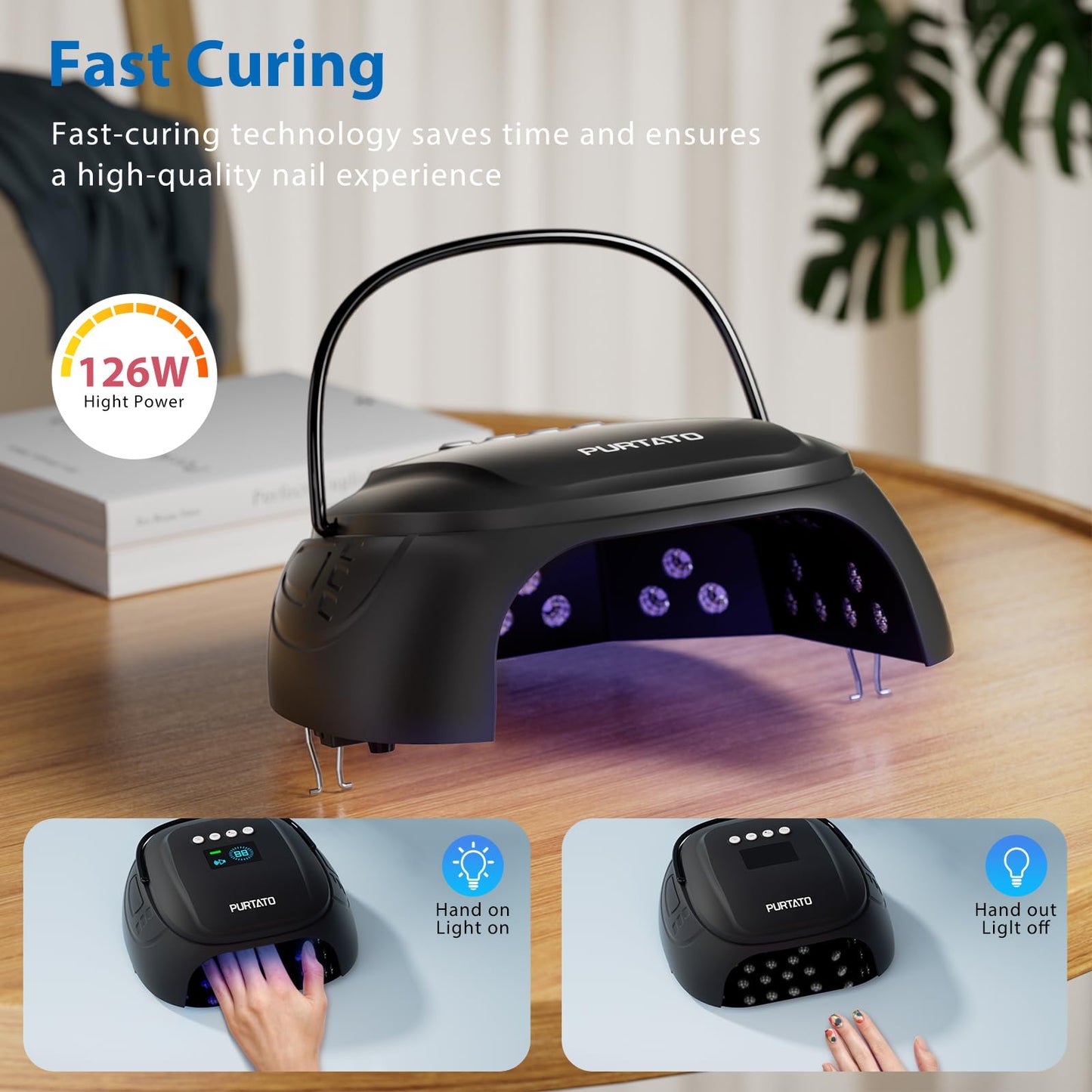Purtato 126W Cordless Rechargeable UV LED Nail Lamp with Large Space, Handle and Foot Rest, Fast Curing Gel Nail Dryer with 4 Timers for Salon and Home (Matte Black)