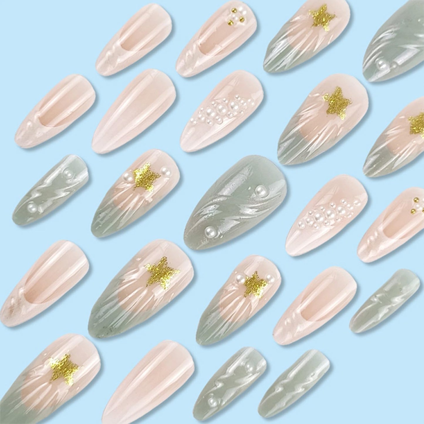 3D Star Pearl Press on Nails with French Tip False Nails Long Almond Artificial Glue on Nail Glossy Reusable Acrylic Stick on Nail for Women