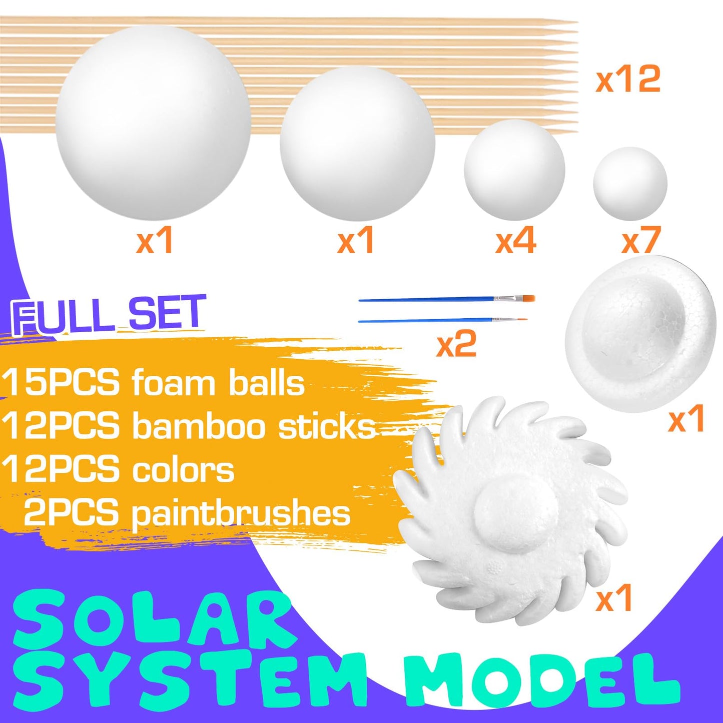 Solar System Model Foam Ball Kit, Planet Model Crafts Includes 14PCS Mixed-Sized Balls, 12 Color Pigments, 12PCS Long Sticks, 2PCS Painting Brushes for School Classroom DIY Projects, Science Projects