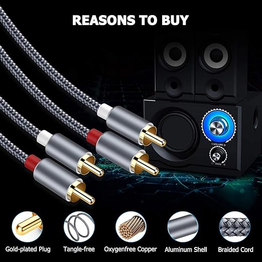 RCA Cable, Goalfish 2RCA Male to 2RCA Male Stereo Audio Cables【2-Pack/4ft, Hi-Fi Sound, Shielded】Braided RCA Stereo Cable for Home Theater, HDTV, Amplifiers, Hi-Fi Systems, Car Audio, Speakers (Grey)