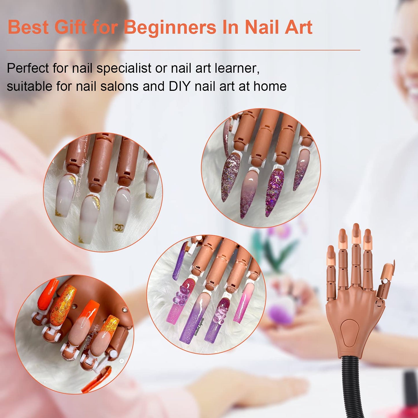 MEKK Practice Hand for Acrylic Nails Flexible Nail Practice Hand Never Fall off Nail Trainning Hand Kits with Nail Files, Brush, Acrylic Clipper and Tips