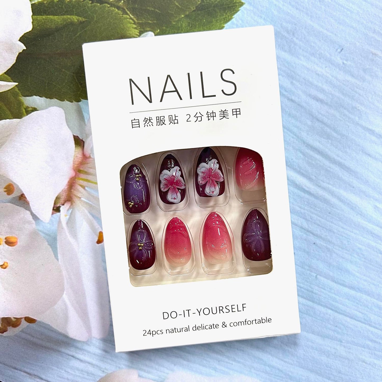 Flower Press on Nails Medium Almond 3D Stereoscopic Floral With Pearl Design Coffin Acrylic Full Cover Artificial Nails for Women