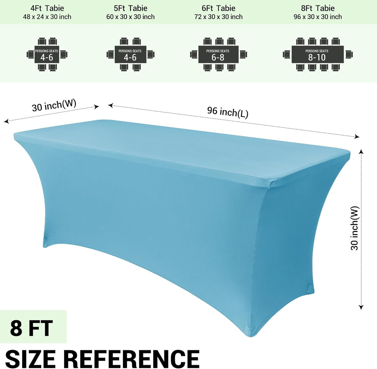 Obstal 8Ft Stretch Spandex Table Cover for Standard Folding Tables - 2 Pack Universal Rectangular Fitted Tablecloth for Party, Banquet, Events, Trade Show (Light Blue, 96L x 30W x 30H Inches)