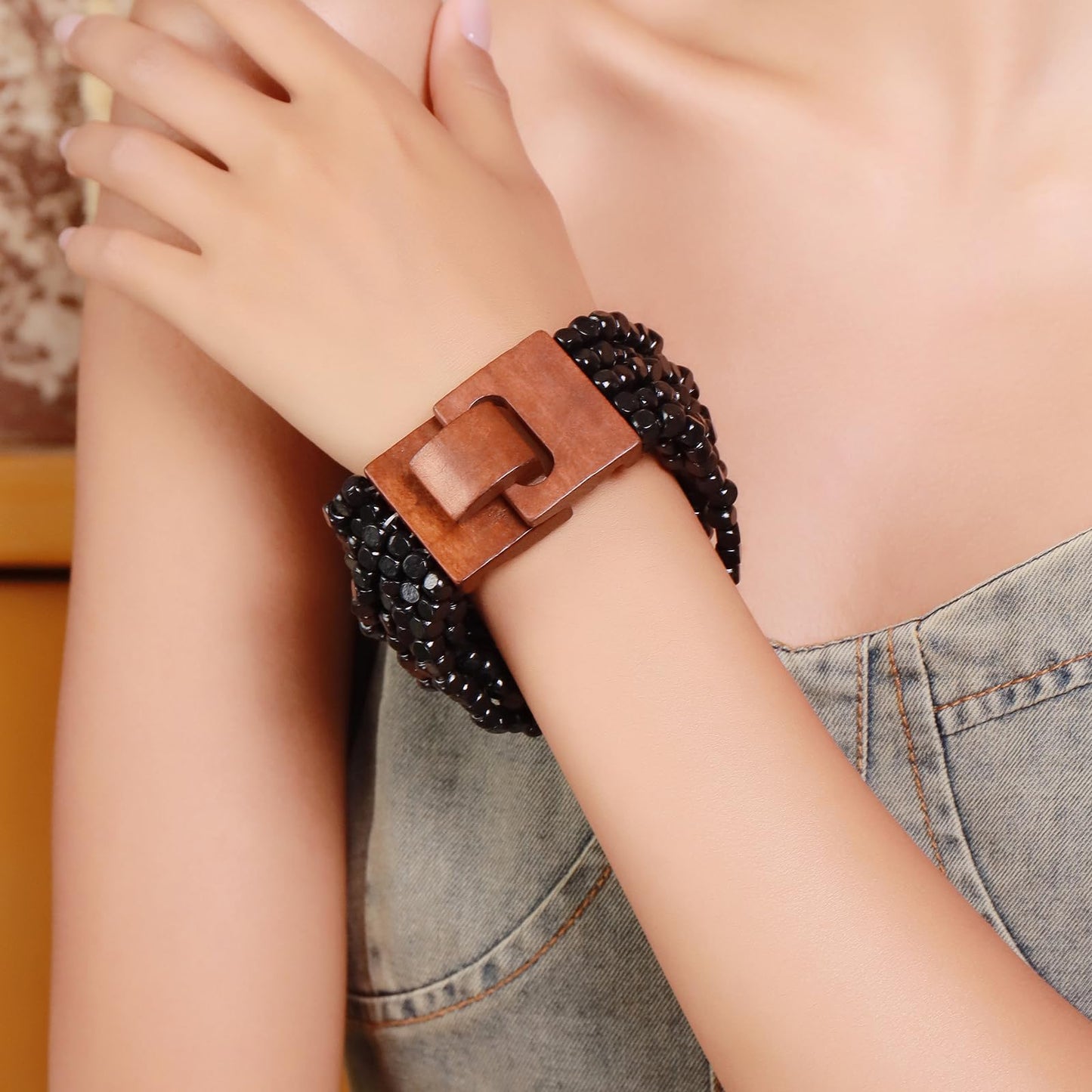 Coiris Boho Bangle Bracelets for Women Wooden Beaded Bracelets Chunky Bohemian Beach Bracelets Jewelry for Women(BR1235-Black)