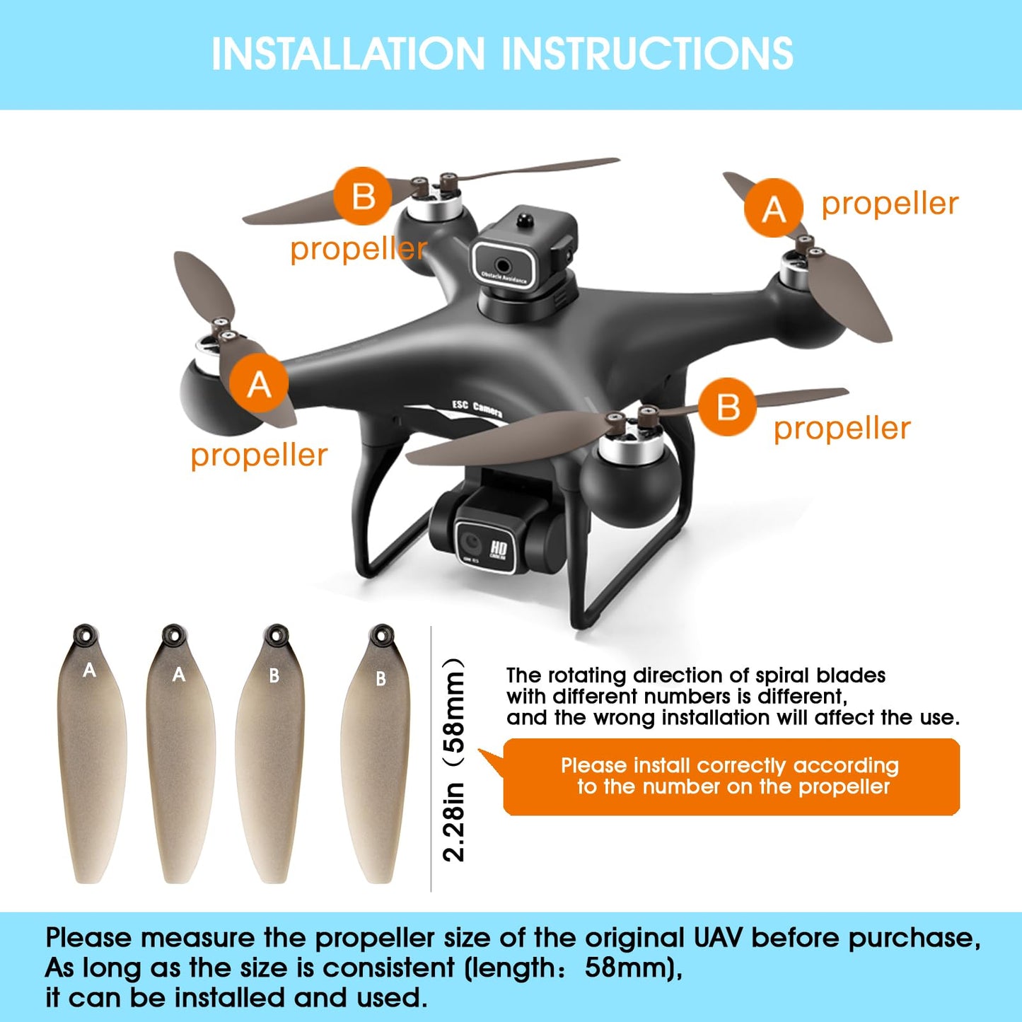 mcokoe Universal 58mm/2.28In Drone Propellers for E88、E25、K911、S115、S119、A17、S132、F167、X28、X26、L106 Models - Replacement Drone Accessories with Stable and Low-Noise Operation 16-Pack (Gray)