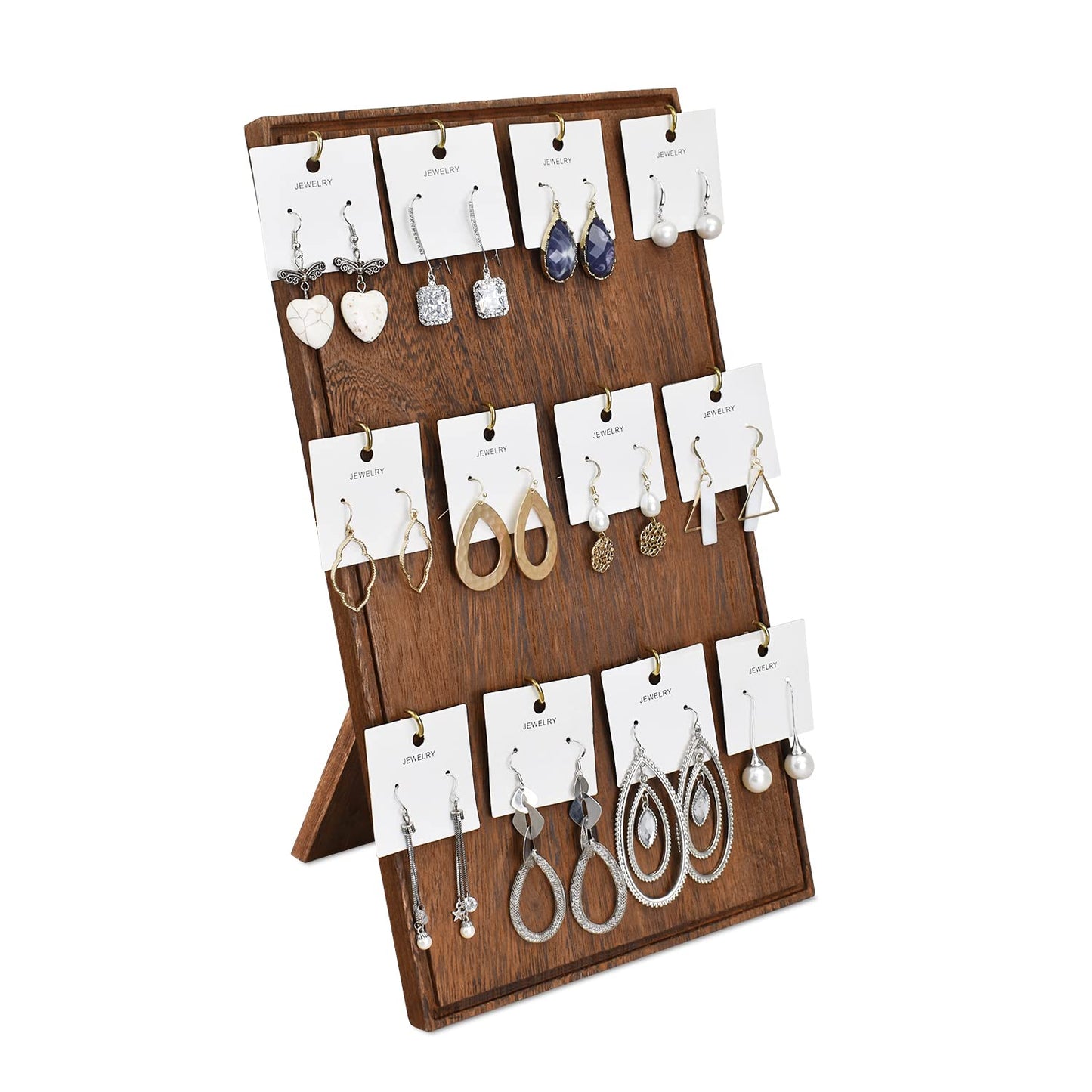 Ikee Design Wooden Jewelry Display Stand with 12 hooks, Earring Display with Hooks, Bracelet, Earring, Keychain Stand for Selling,7.8W x 7.8D x 15.9H in, Brown Color