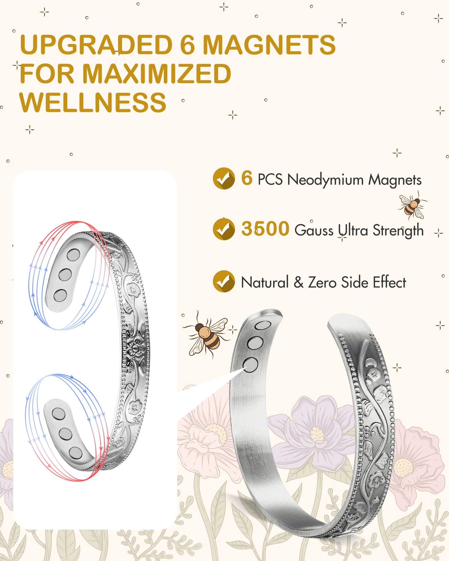 Feraco Copper Bracelet for Women, Magnetic Bracelets for Women, 99.99% Pure Copper Cuff Bangle with 3500 Gauss Magnets (Silver)