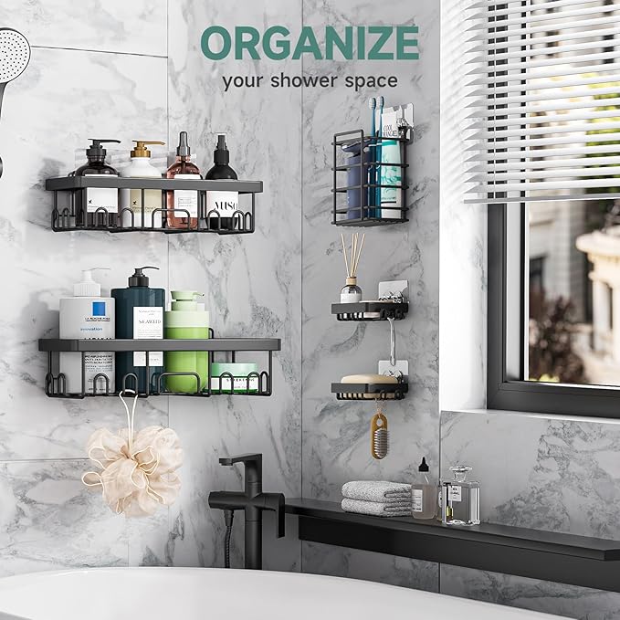 Veken 5-Pack Rustproof & Waterproof Kitchen Sink Organizer, Large Capacity Spice Rack，Heavy-Duty Wall-Mounted Storage Shelves for Kitchen & Bathroom, Soap Dish & Multi-Purpose Sponge Holder, Black
