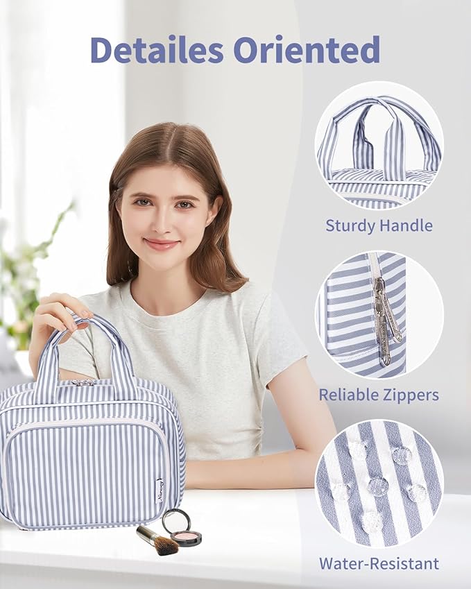 Narwey Large Travel Toiletry Bag for Traveling Women, Cosmetic Makeup Bag Make Up Organizer, Striped Travel Bag for Toiletries with Handle (Greyish Blue Stripe)