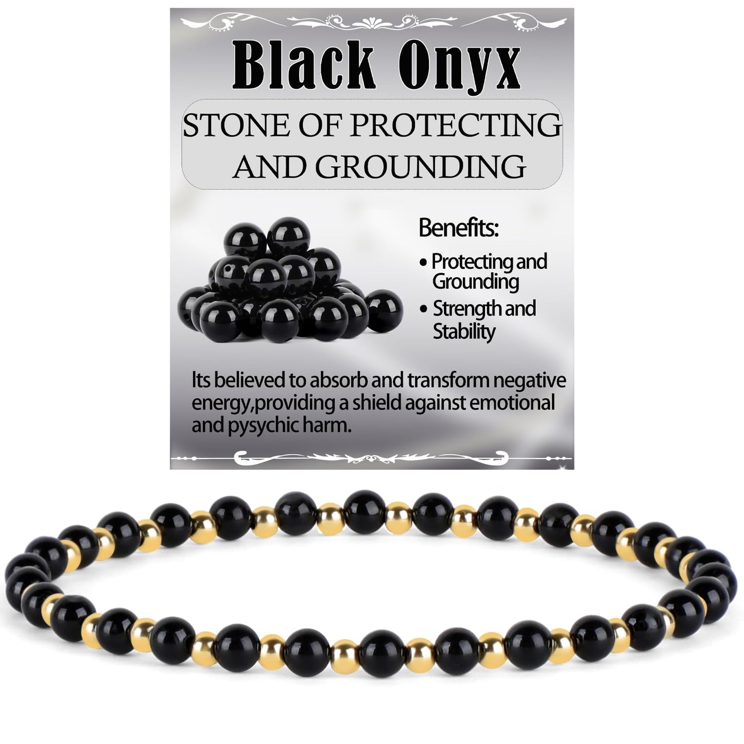QOGIR Black Onyx - Protecting and Grounding - 14K Gold Plated Beads Natural Gemstone Stretch Elastic Dainty Healing Beaded Bracelets Gifts 4mm