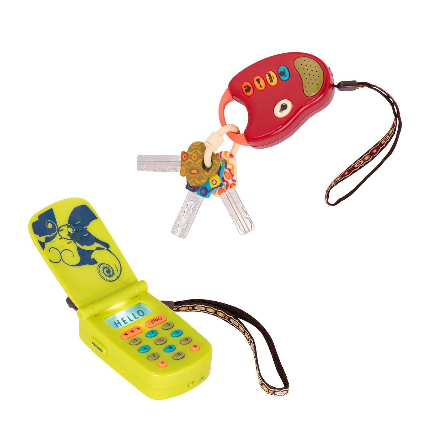 B. toys – Toy Car Keys & Cellphone – 2 Pieces Sensory Bundle – Developmental Toy for Babies, Toddlers – Red Keys & Green Play Phone – 10+ Months – FunKeys + Hellophone Set