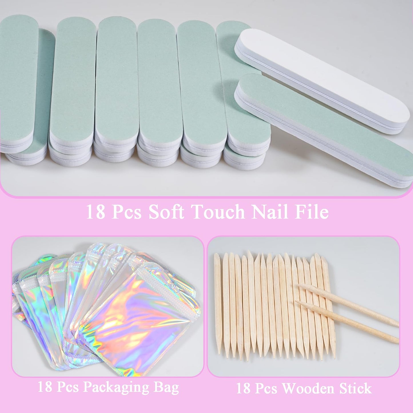 Disposable Manicure Kit Professional, 18 Set Press On Nail Tool Kit with Nail File, Nail Buffer, Nail Buffer Block, Nail Handle Brush, Wood Stick, Packaging Bag (Pink)