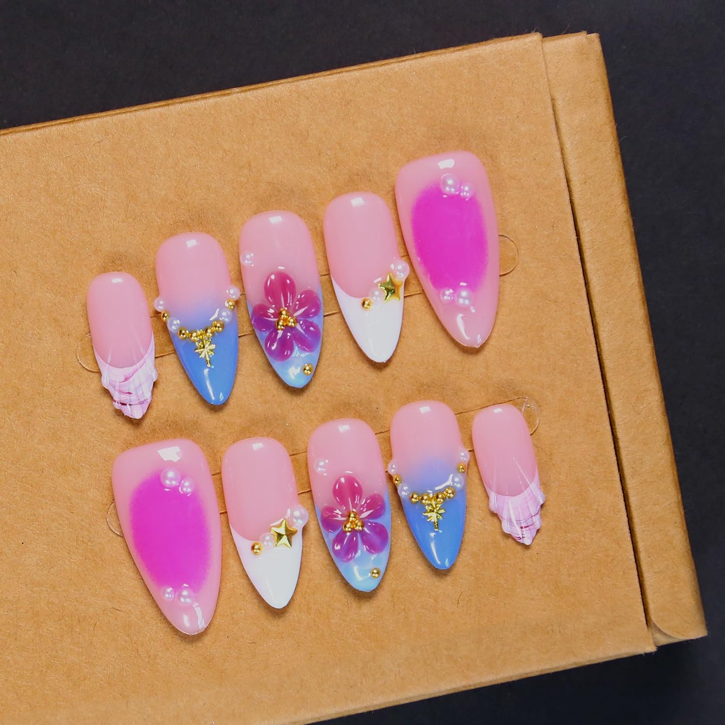 MXYIYANR Nails Press on Nails Medium Almond Fingernails with 10 Pcs Floral 3D Art Designs Handmade False Nails Full Cover Nails for Women (M)