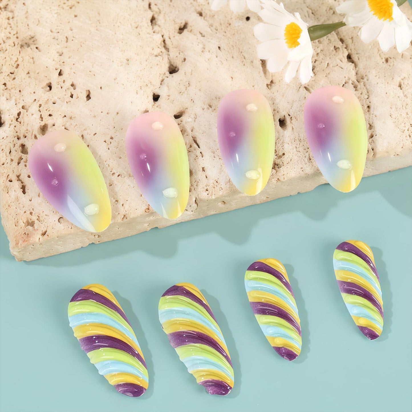 3D Colorful Stripe Press on Nails Medium Almond Gradient Fake Nails Glossy Full Cover Acrylic Glue on Nail for Women