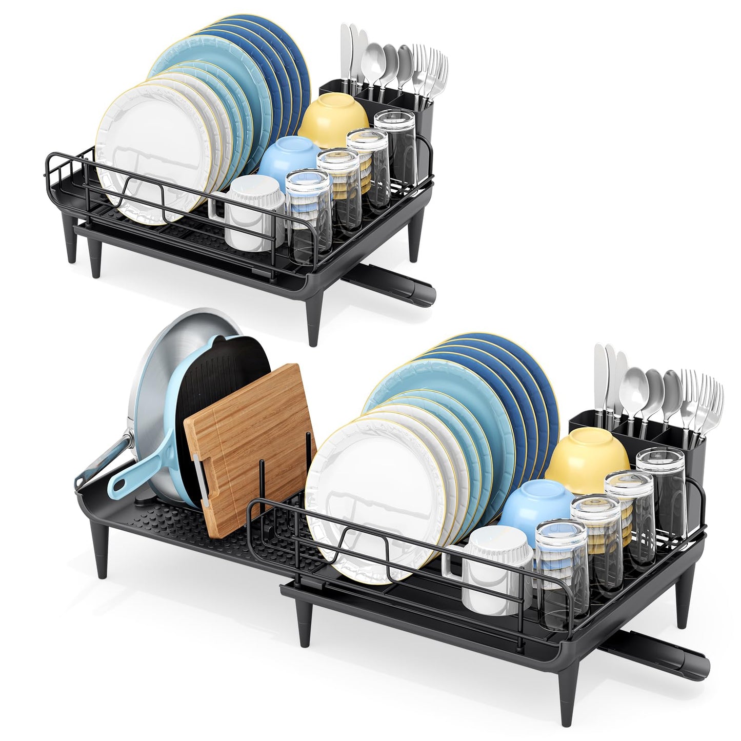 TOOLF Large Dish Drying Rack, Expandable Dish Rack for Kitchen Counter, Multifunctional Dish Drainer, Organization and Storage Essentials with Cup & Cutlery Holders, 16.7"-26.8" L x 12.6" W, Black