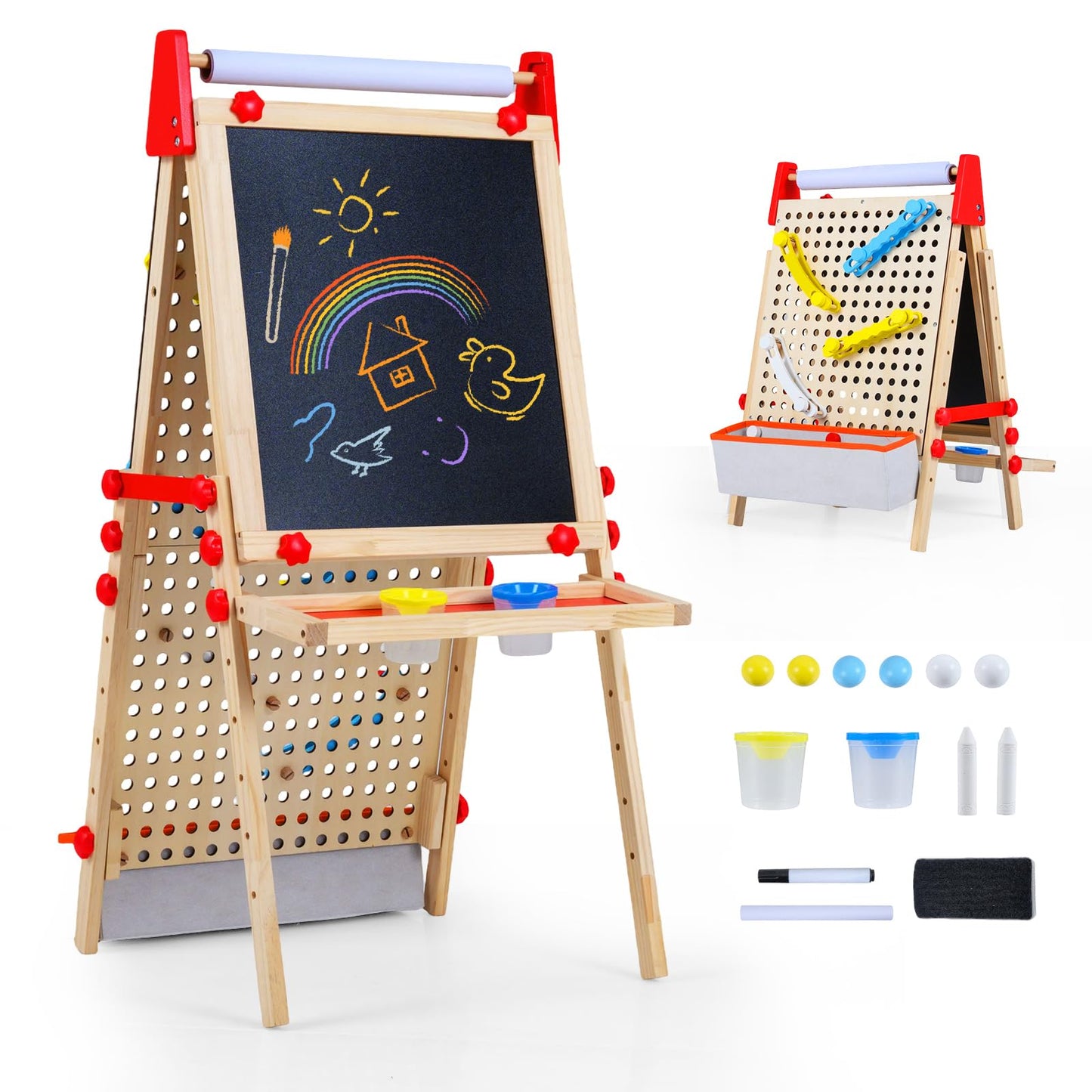 OLAKIDS 4 in 1 Easel for Kids with Marble Run, Magnetic Whiteboard, Chalkboard, Drawing Paper Roll, 6-Level Adjustable Height for Toddlers Ages 3-10