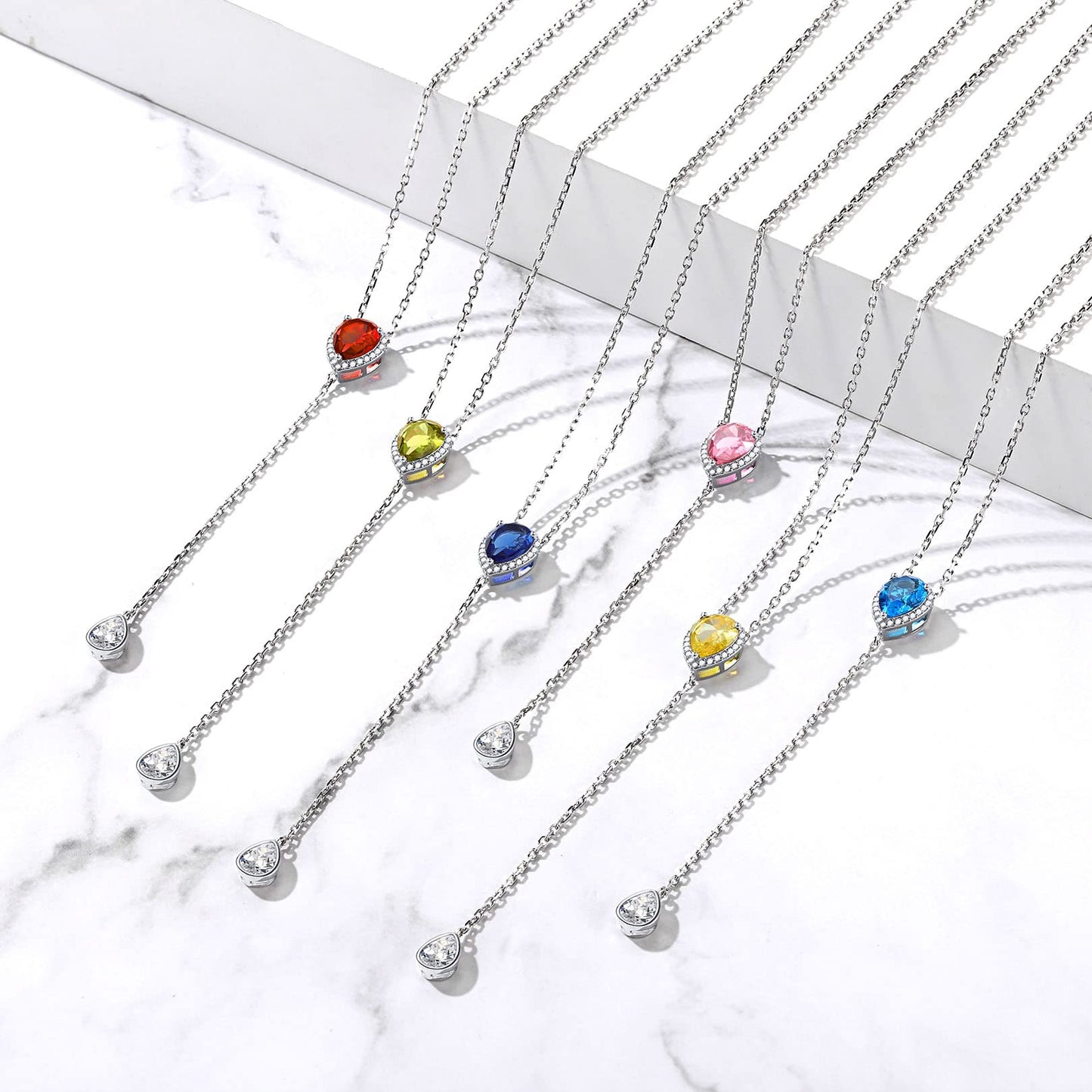 FOCALOOK 925 Sterling Silver CZ Teardrop Lariat Necklace 16"-18" Y Drop Adjustable Birthstone Necklaces for Women
