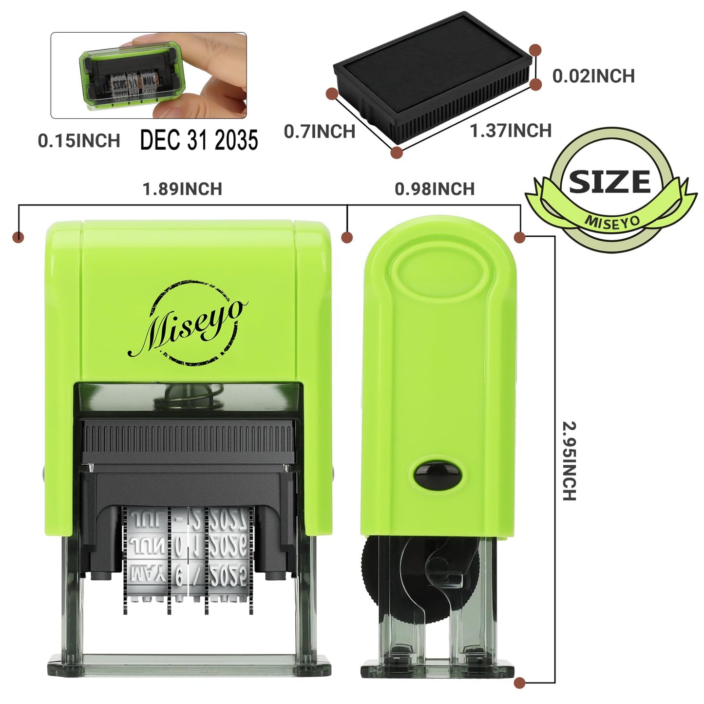 Miseyo Self Inking Date Stamp - Green (2 Black Refill Ink pad Included)
