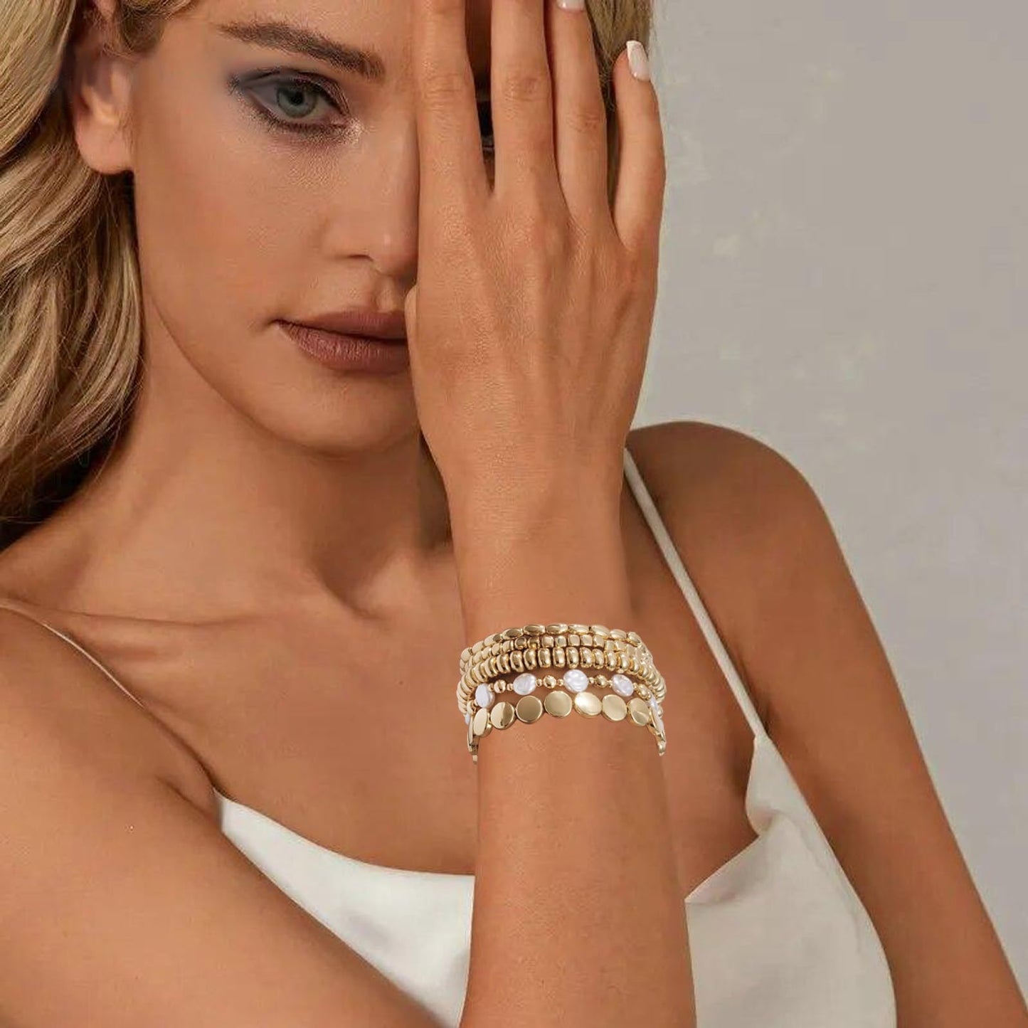 Sajidos Gold Plated Beaded Bracelets for Women Trendy, 14K Gold Plated Stack Cross Pearl Gold Plated Bead Stretch Bracelets Set Elastic Hypoallergenic Bracelets Jewelry Gifts