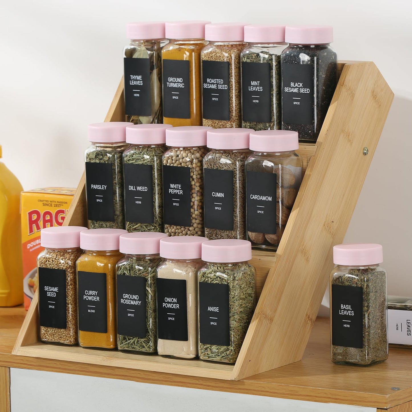 GMAMXD 24 Glass Spice Jars with Labels, Spice Jar Set, 4oz Seasoning Containers, Spice Containers with Pink Airtight Lids and Shaker Lids, Square Empty Spice Bottles, 492 Labels, 1 Funnel
