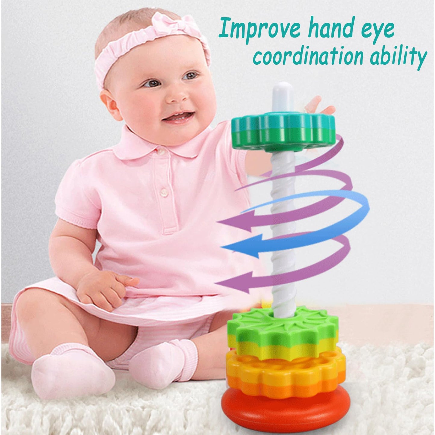 Baby Spinning Stacking Toys, Spin ABS Plastic and Color Rainbow Design Ring Stacker Baby Toys 6 to 12 Months Montessori Educational Learning Autism Sensory for Boys and Girls