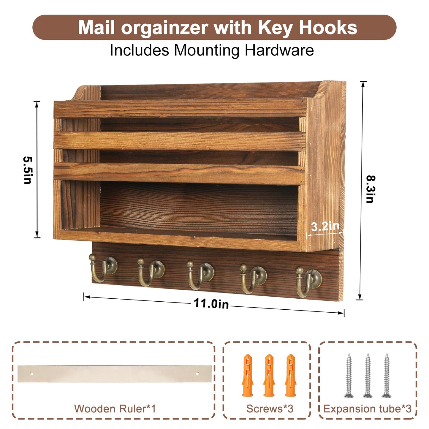 KERESUEDO Mail and Key Organizer for Wall – Key Holder Wall Mount with Storage Box and 5 Key Hooks, Mail Holder Wall Mounted for Entryway, Apartment, Office, Home Decor Organization (Brown)