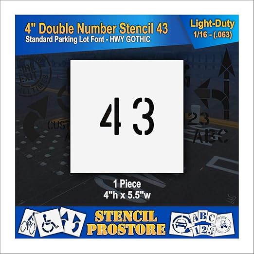 Pavement, Curb, and WheelStop Stencils - 4 inch Double Number Stencil - (43) - 4" x 5.5" x 1/16" (63 mil) - Light-Duty