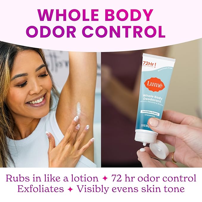Lume Whole Body Deodorant - Invisible Cream and Solid Unscented - 72 Hour Odor Control - Aluminum & Baking Soda Free, Skin Safe - 3 oz Cream & 2.6 oz Solid Bundle