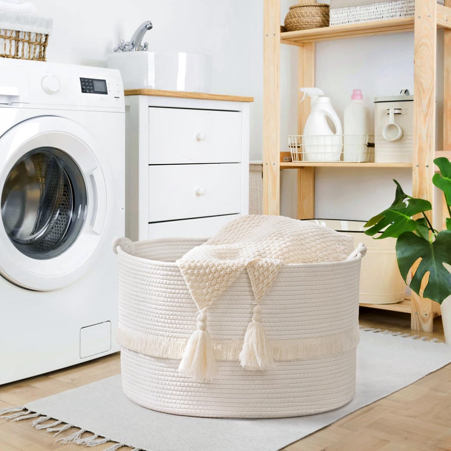 Degeyoyo 67L Large Blanket Basket, 20"x13" Woven Storage Baskets With Handle, Cotton Rope Blanket Basket Living Room, Baby Laundry hamper for Blanket, Nursery, Toy, Pillow (White)