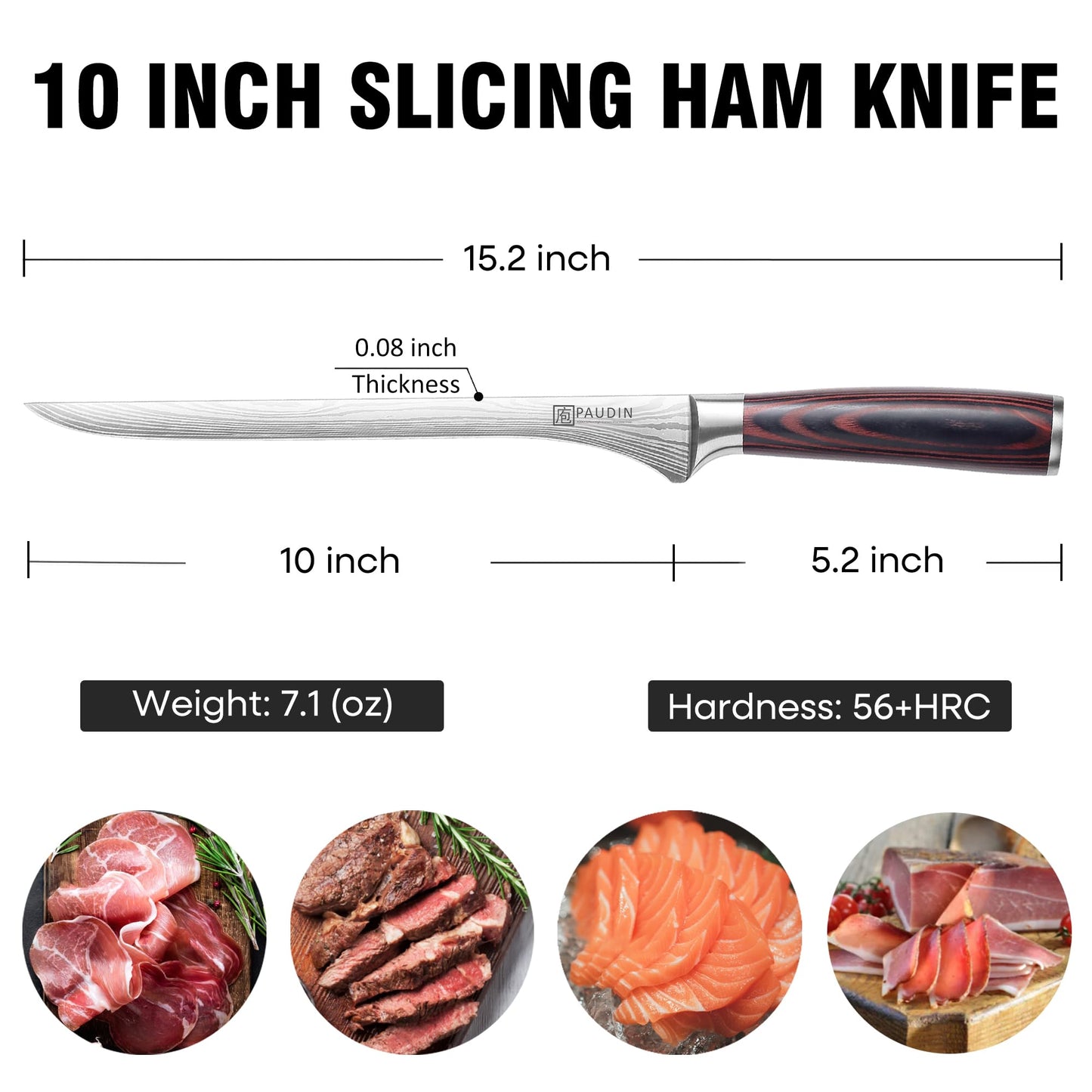 PAUDIN 10 Inch Ham Slicing Knife, Professional Carving Knife for Meat, High Carbon Stainless Steel, Ergonomic Pakkawood Handle with Sheath, Ultra Sharp Blade for Prosciutto/Jamon Serrano, Gift Box