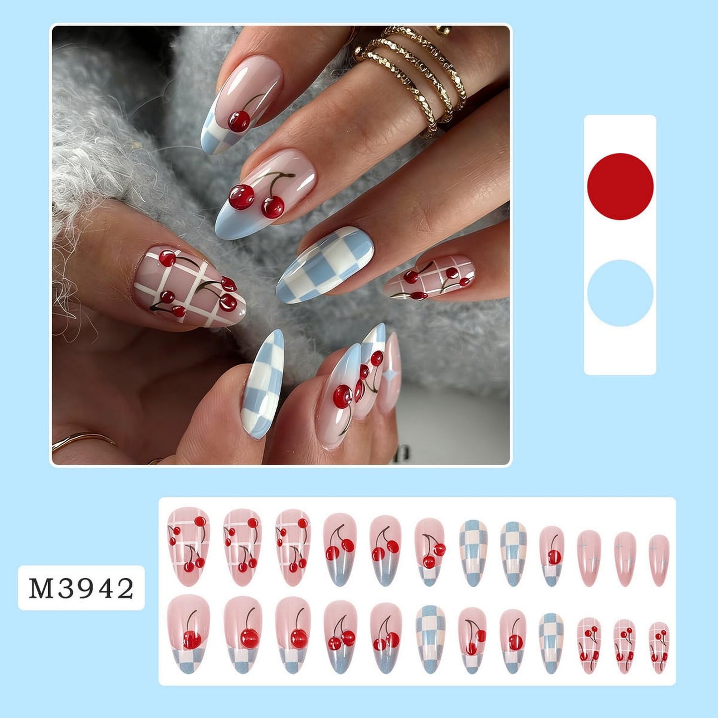 24pcs Cherry Press on Nail Almond Shape Fake Nails with Grid designs Blue Stick on Nail Full Cover French Tip Medium Press ones Cute Summer False Nails for Women Manicure Decor