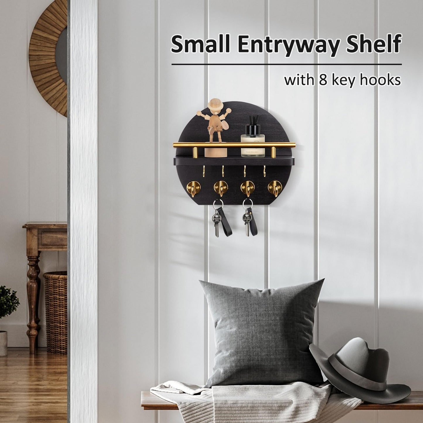Nekon Key Holder for Wall - 9.8 Inch Apartment Wall Decor with Shelf and 8 Key Hooks, Circular Wood Key Hanger for Home Decor (Black with Golden Hooks)