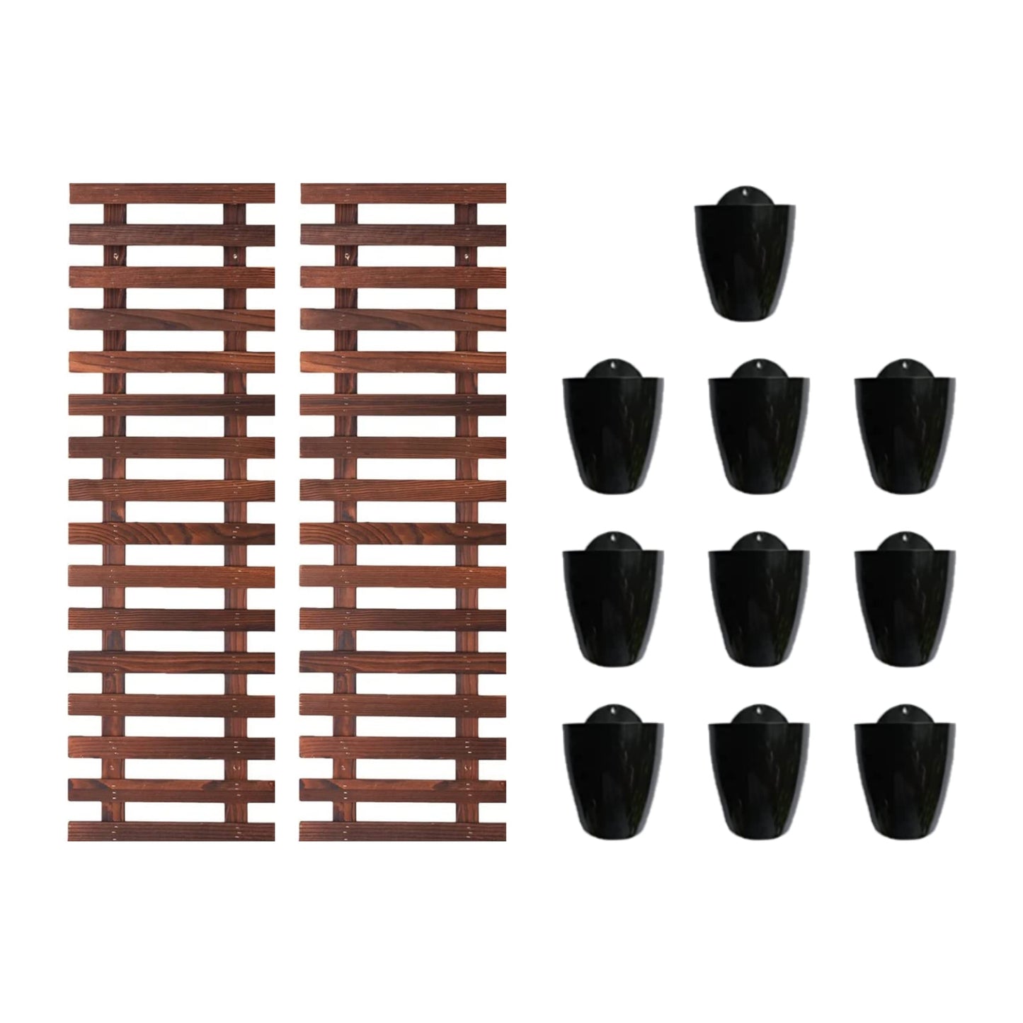 LalaGreen Bundle- 10 Pack, 4 Inch Black Self Watering Plant Pot + 2 Pack, 35.4 Inch Wooden Plant Holder Modern Indoor Hanging Wall Mount Vertical Hydroponic Garden Display Large Home Air Plant Decor