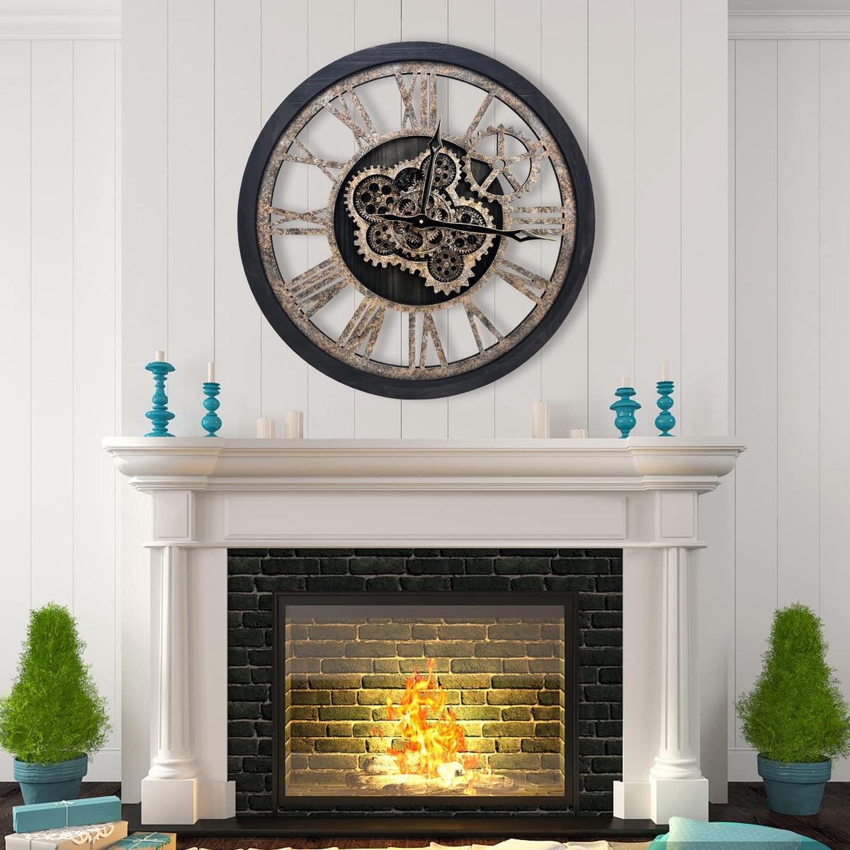 The B-Style Large Wall Clock 18 inch Moving Gear Wall Clock Oversized Vintage Farmhouse Wall Clocks for Living Room Decor Rustic Industrial Wood Clock (Black)
