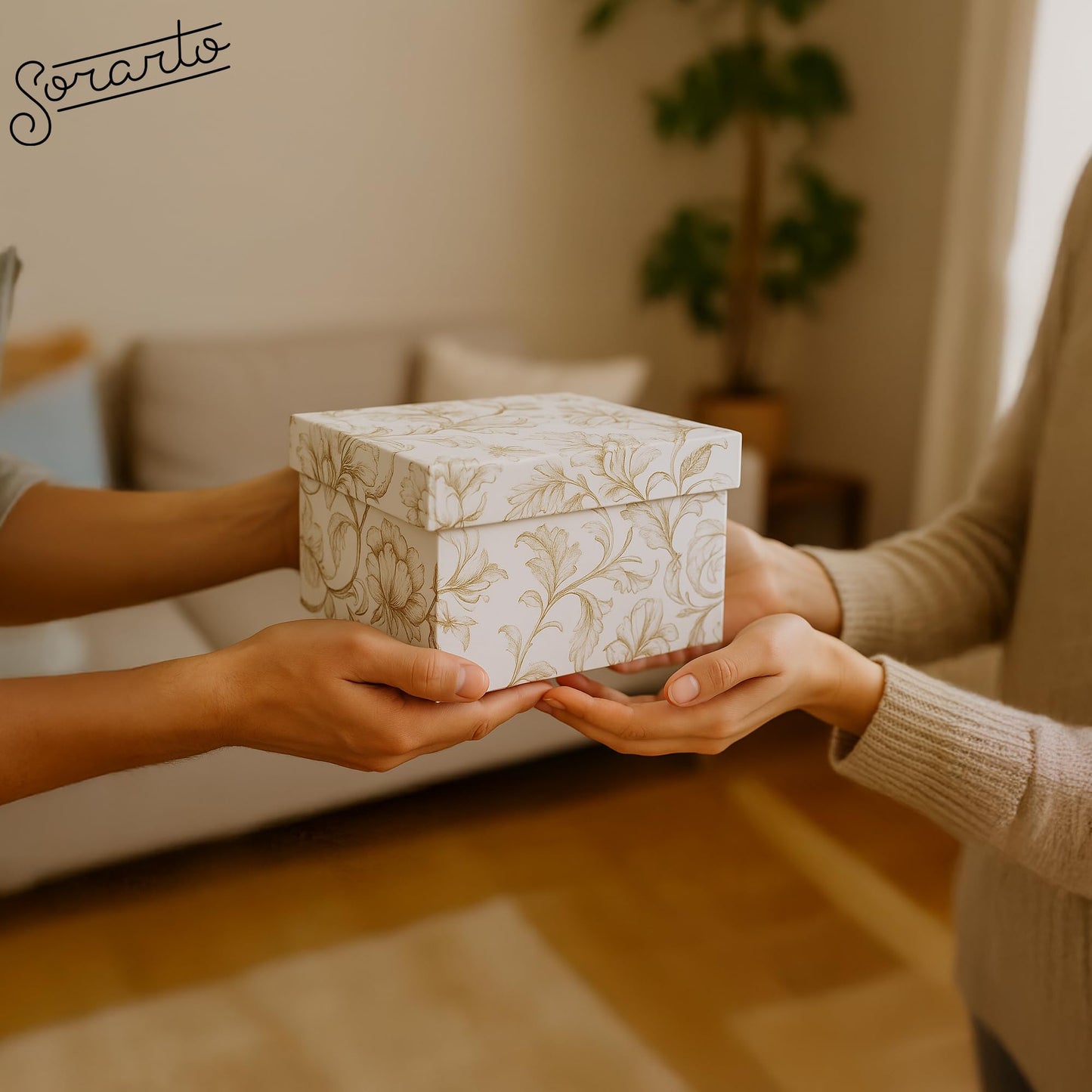 Sorarto Square Gift Boxes with Lids 4pc Set | White Gold Floral Nesting Gift Boxes for Presents Birthday Wedding Bridesmaid Christmas