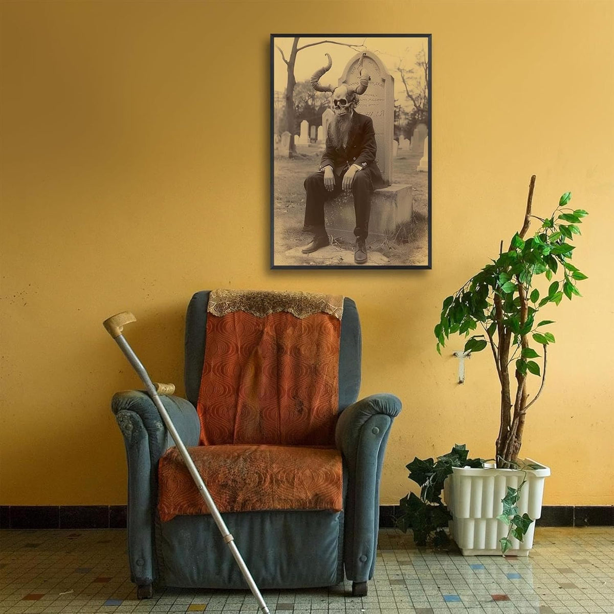 Skeleton Halloween Forest Occult Poster Vintage Spooky Canvas Wall Art Gothic Room Decor Dark Academia Bedroom Decorations Creepy Skull Prints Picture Aesthetic 12X16inch Aluminum Framed