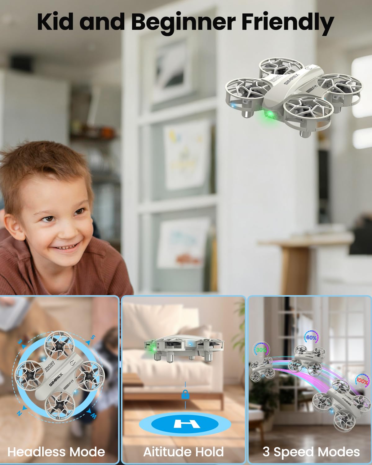 SIMREX Mini Drone for Kids & Beginners, RC Quadcopter with Altitude Hold, 3 Speed Modes, One Key Takeoff/Landing, Headless Mode, Cool LED Lights, Stunt Flip, Ideal Christmas Birthday Gift Toy(Gray)