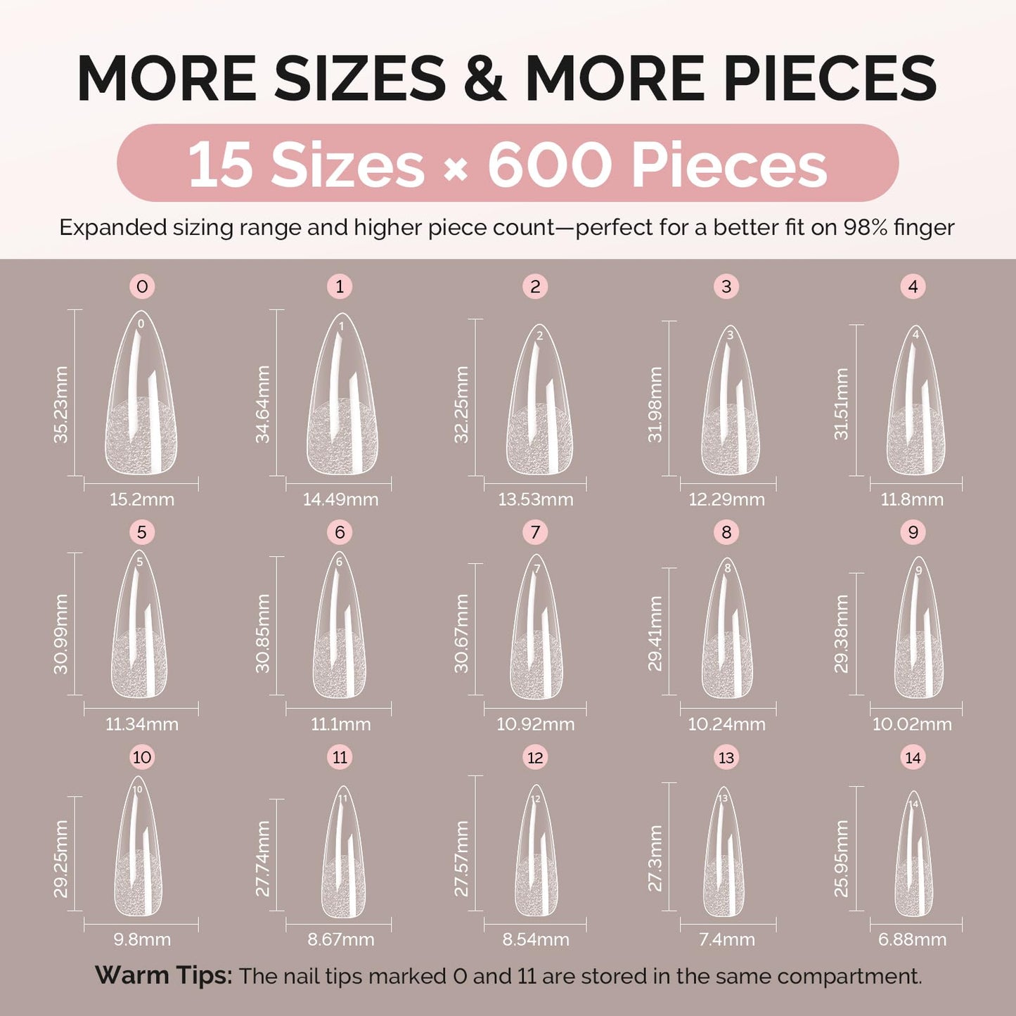 MelodySusie Long Almond Stiletto X Nail Tips - 600Pcs 15 Sizes Clear Acrylic, Half Matte Full Cover Press on Nails for DIY Extension & Salon Use, Pre-Shaped for Long-Lasting Manicure