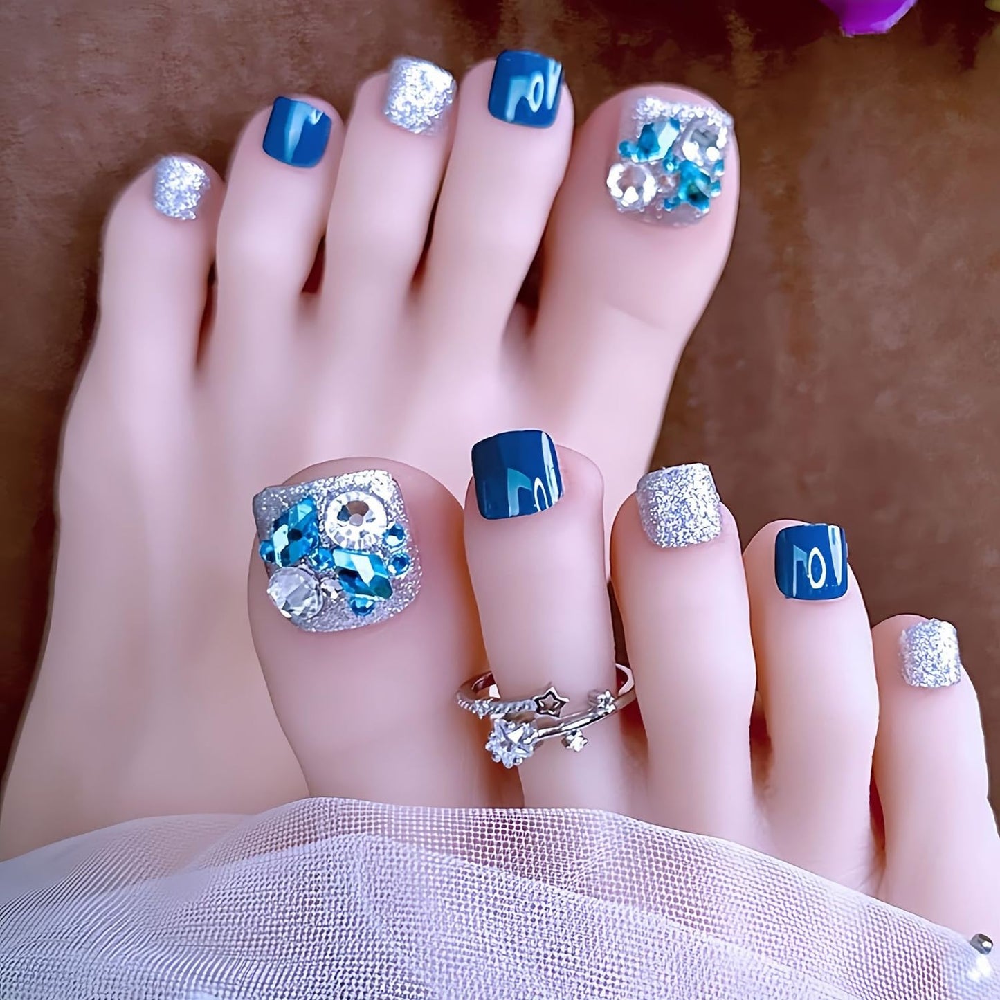 FIEONCIY 24pcs Press-on Square Acrylic False Nails Set with Glue, Blue Rhinestone Pattern, Full Cover, French Style, Spring & Summer, Multicolor, Women's Nails