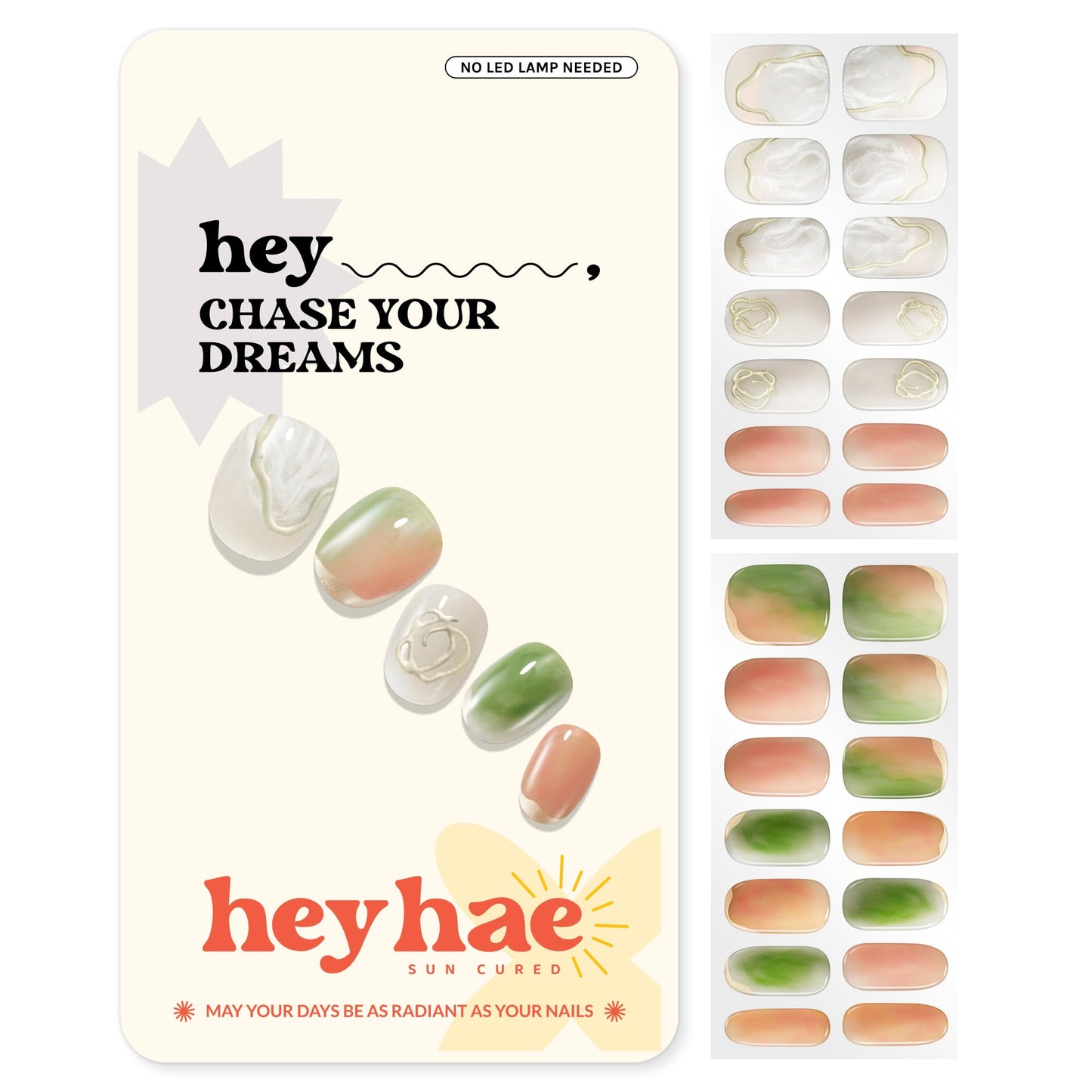 Heyhae Semi Cured Gel Nail Strips | No LED Lamp Needed | Marble, Glitter, Spring | Easy Apply & Remove, Salon Quality |Includes 28 Strips, 1 Prep Pads, Nail File & Wooden stick- Hey, Chase Your Dreams