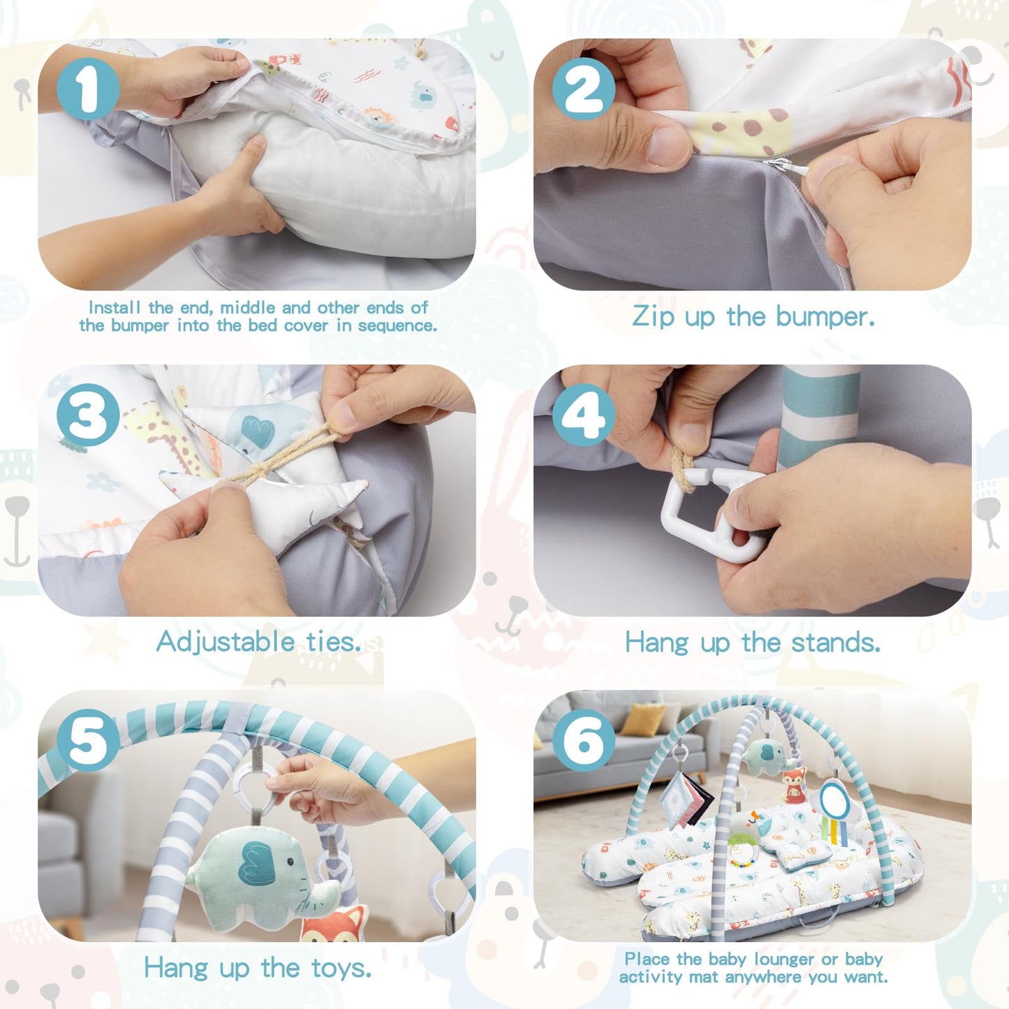 Baby Play Mat, 7-in-1 Infant Gym Mat for Sensory and Motor Development, Washable & Portable Newborn Tummy Time Activity Mat for Home & Travel, Babies Gift for 0-3-6-9-12-18 Months