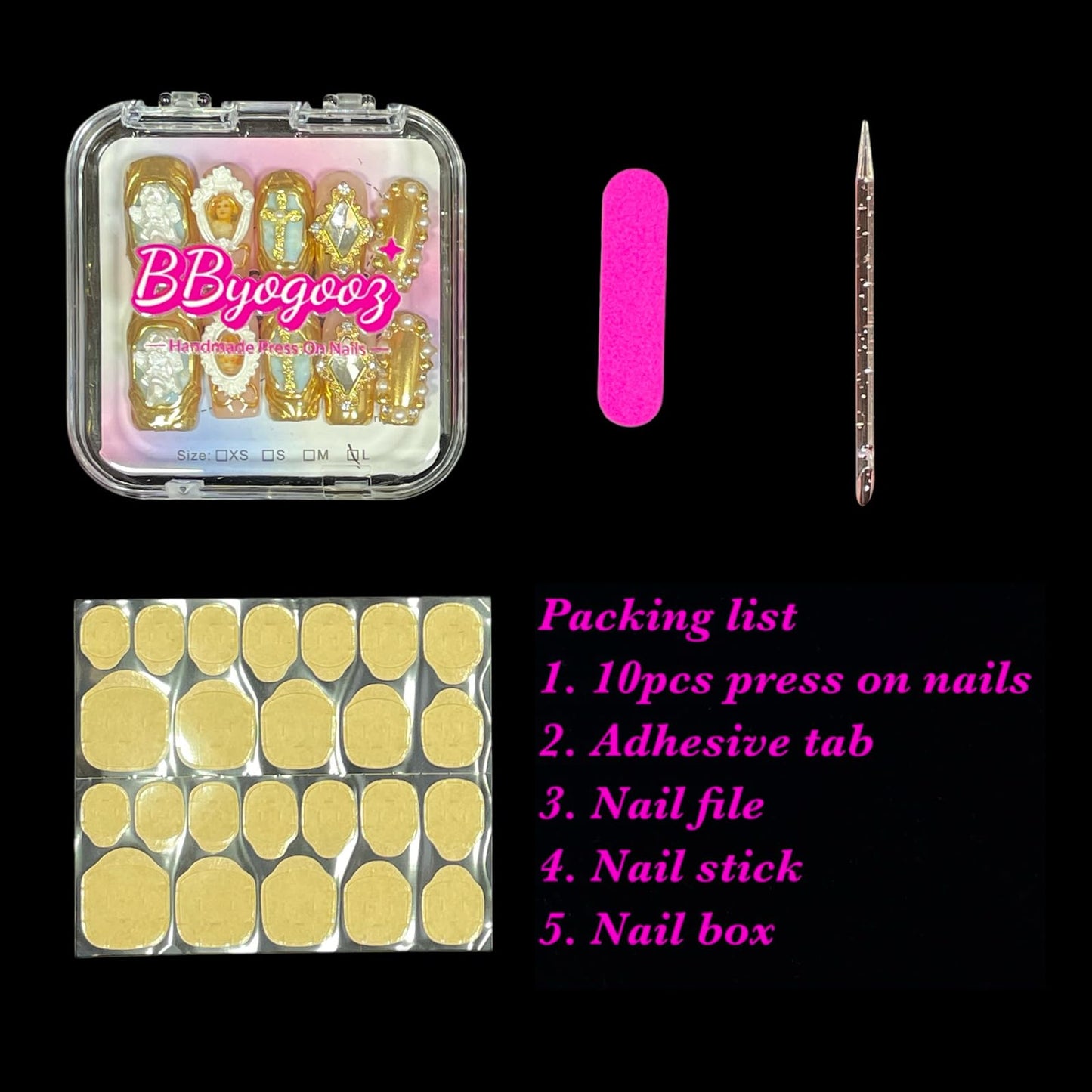 Handmade Press On Nails Luxury Baroque Gold Cross, Cherubs & Pearl Frames | Medium/Short Square | Reusable Thick Acrylic False Nails (Baroque, M)